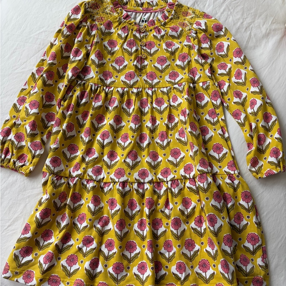 Mini Boden Yellow Dress with Pink Floral Design